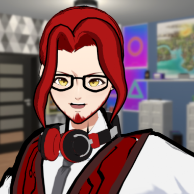 Profile image of a vtuber with long red hair in a red vest with a curcit board pattern and wearing headphones around his neck